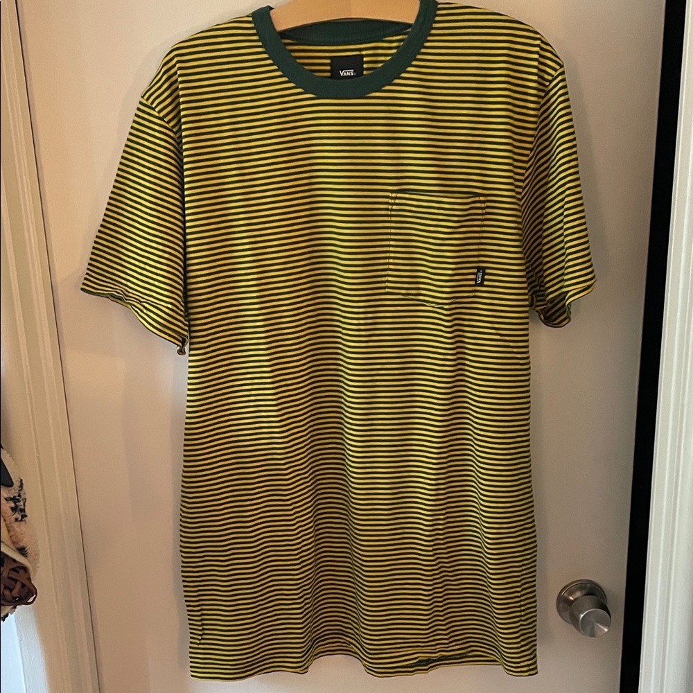 Vans Men's Yellow and Green Striped Tee